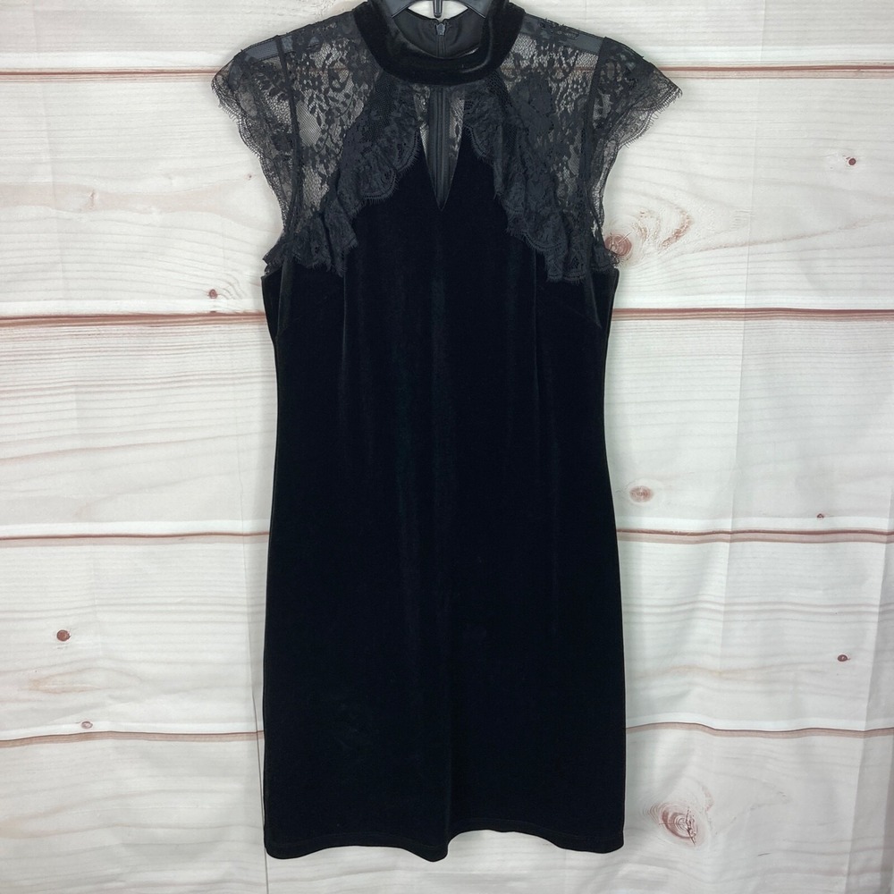 White House Black Market Dress Womens 4 Crushed Velvet Sheath Black High Neck